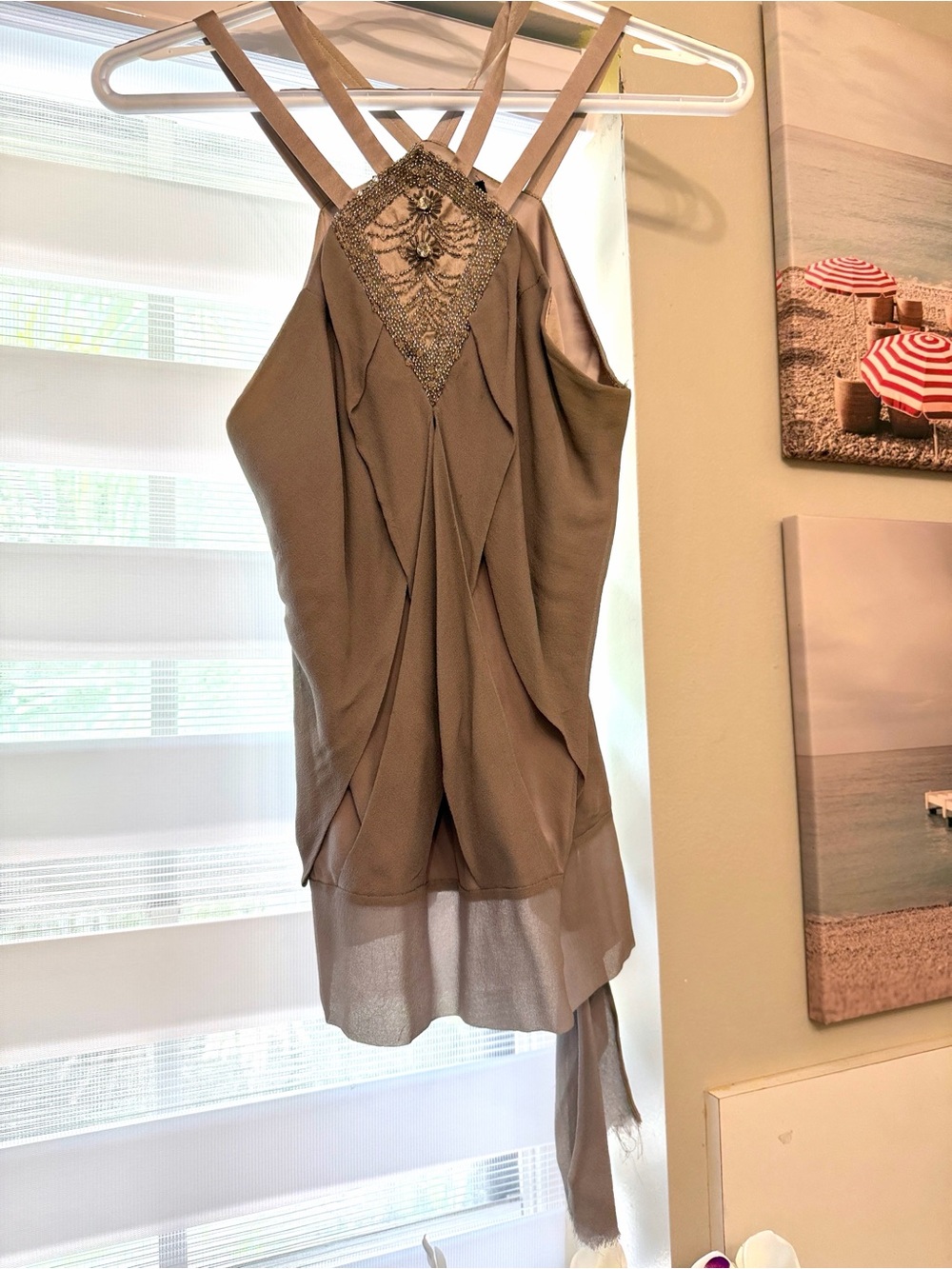 Robert Rodriguez Embellished Taupe Chiffon Layered Halter Top